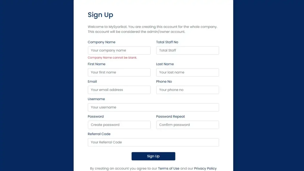 MySyarikat Sign Up